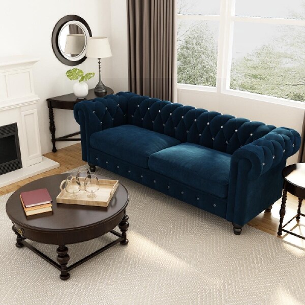 Transitional Sofa Velvet Upholstered Button Tufted Chesterfield 80